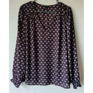 Ann Taylor Long Sleeve Blouse Floral/Paisley Design Brown/Blue/Orange Size Large